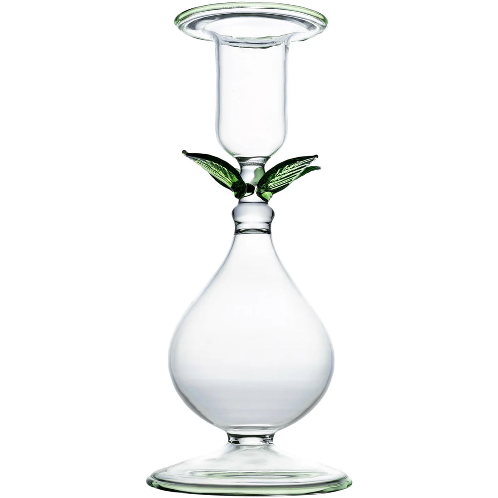 La BoHeme Clear Candlestick, w/Pink/Green/Amber/Blue/Clear Leaves