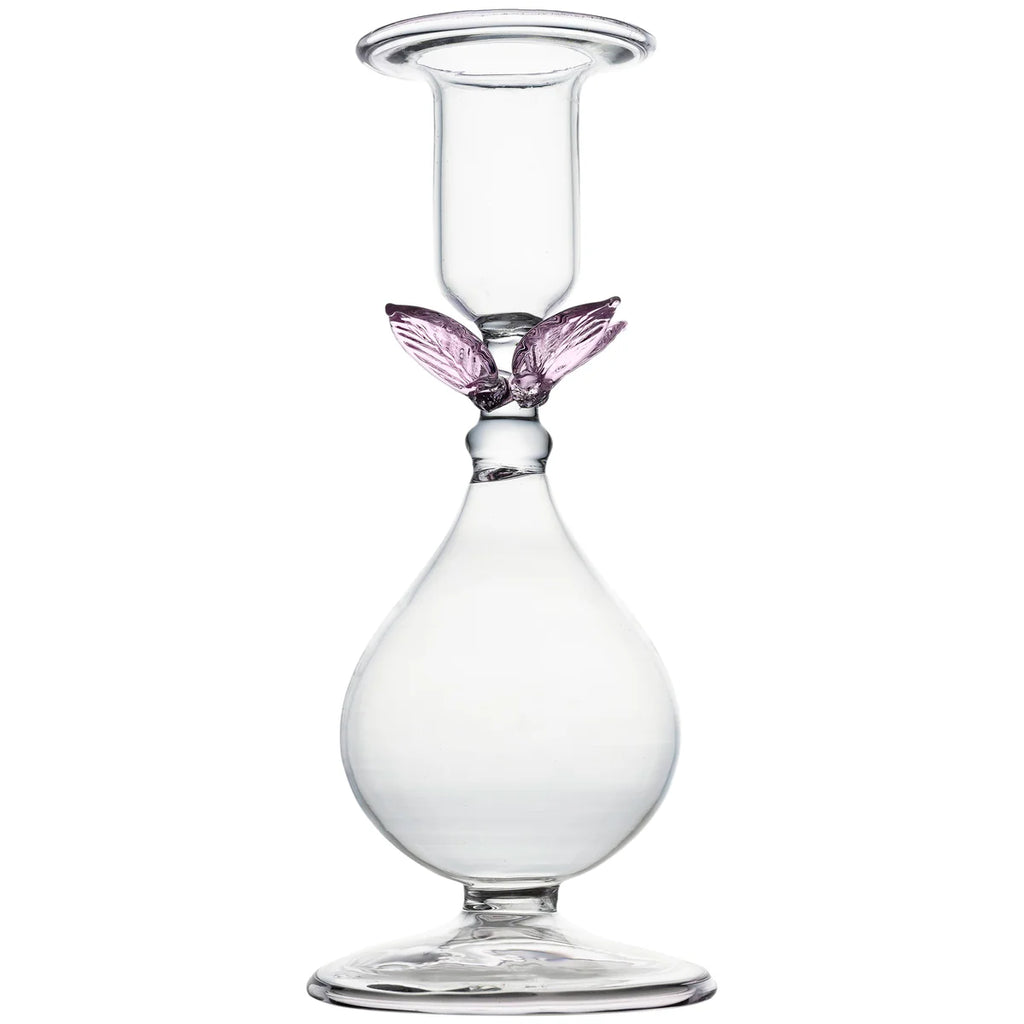 La BoHeme Clear Candlestick, w/Pink/Green/Amber/Blue/Clear Leaves