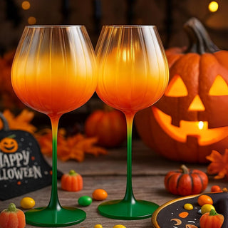 Khen Pumpkin Wine Glasses Set of 2 – Fall Inspired Borosilicate Drinkware in Orange & Green