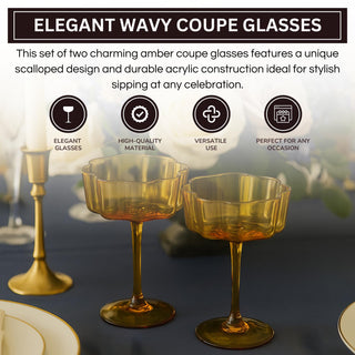 Amber Flower Wave Coupe Glasses Set of 2 – Colored Cocktail Glassware for Parties