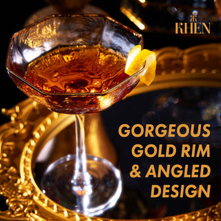 Khen Champagne Coupe Glasses Set of 4 – Vintage Gold Rim Cocktail Goblets 6oz Crystal Glassware