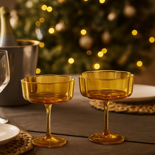 Amber Flower Wave Coupe Glasses Set of 2 – Colored Cocktail Glassware for Parties