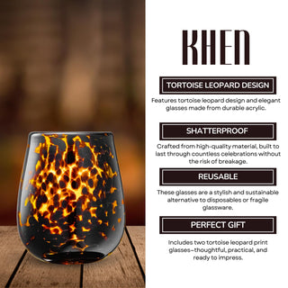 Leopard Print Amber Stemless Wine Glass Set of 2 – Trendy Colored Drinkware for Wine Lovers