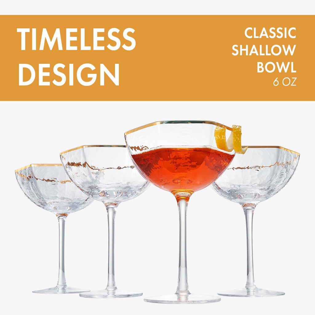Khen Champagne Coupe Glasses Set of 4 – Vintage Gold Rim Cocktail Goblets 6oz Crystal Glassware