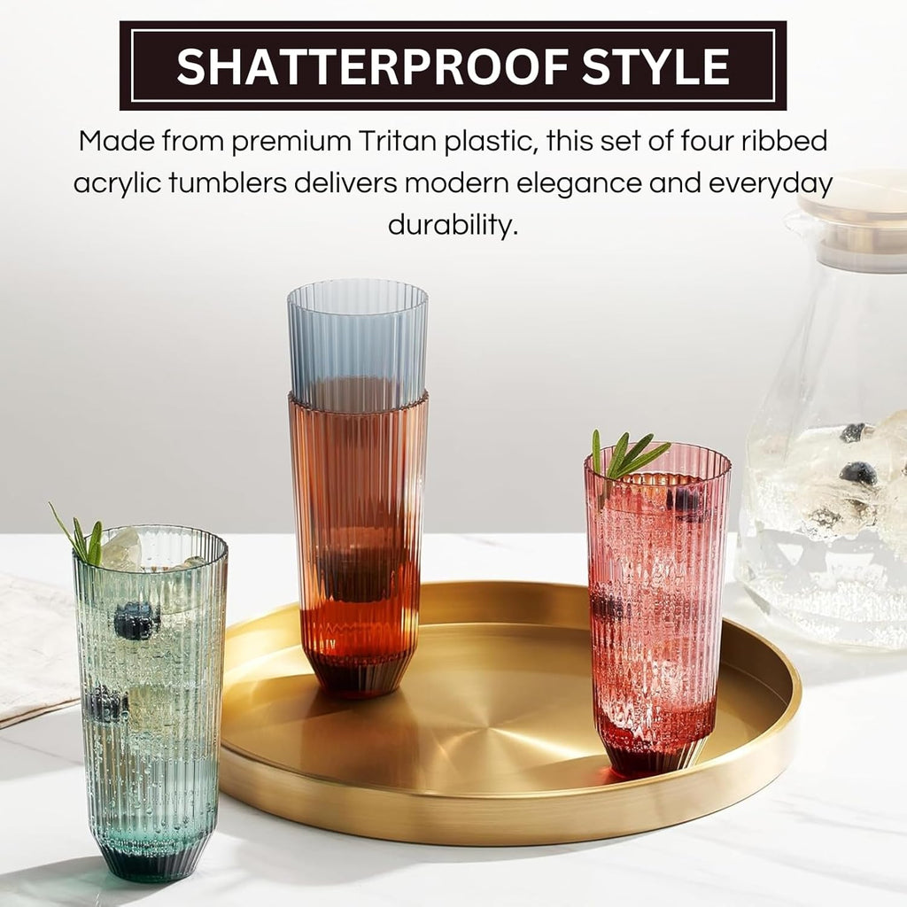 Khen Shatterproof Acrylic Ribbed Drinking Glasses Set of 4 – BPA-Free Tall Reusable Drinkware 12oz