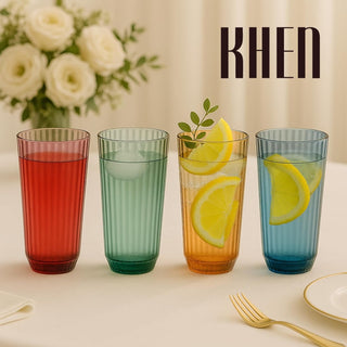 Khen Shatterproof Acrylic Ribbed Drinking Glasses Set of 4 – BPA-Free Tall Reusable Drinkware 12oz