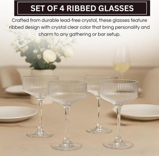 Ribbed Coupe Glasses Set 10oz – Vintage Crystal Bar Drinkware for Martini, Champagne & Cocktails