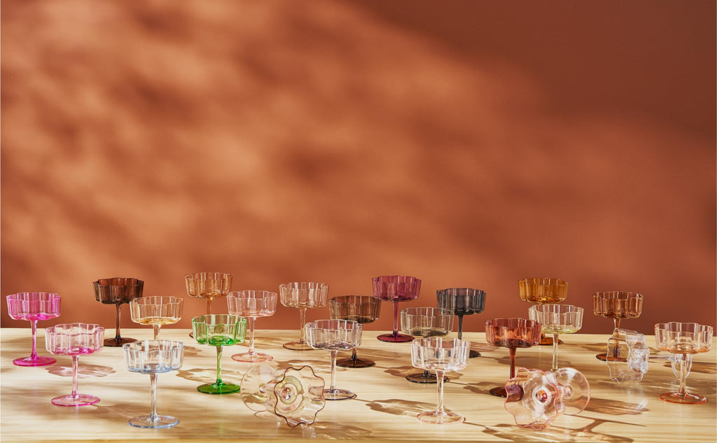 Flower Wave Coupe Cocktail Glasses Set of 6 – Venus Brown Colored Drinkware for Home Entertaining