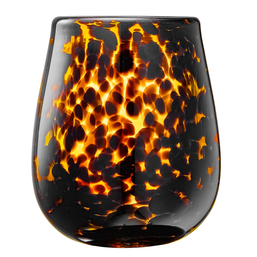 Leopard Print Amber Stemless Wine Glass Set of 2 – Trendy Colored Drinkware for Wine Lovers