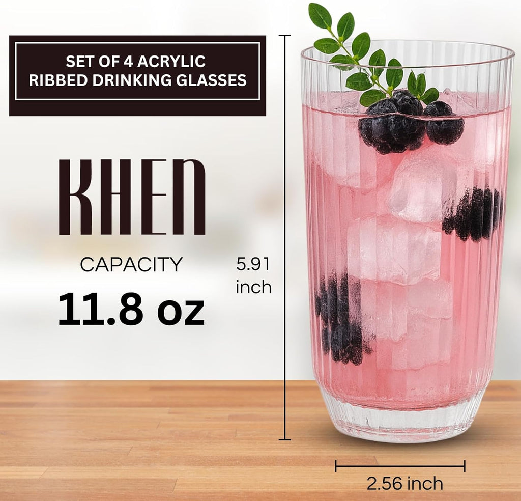 Khen Clear Ribbed Acrylic Drinking Glasses Set of 4 – Unbreakable 12oz Tritan Tumblers for Everyday Use