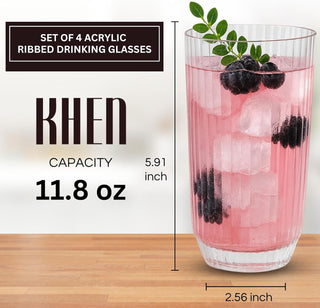 Khen Clear Ribbed Acrylic Drinking Glasses Set of 4 – Unbreakable 12oz Tritan Tumblers for Everyday Use