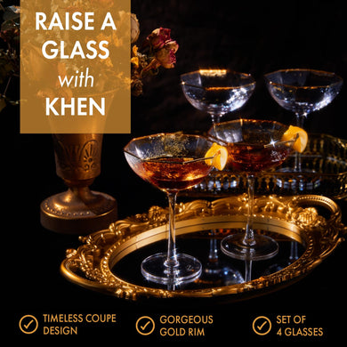 Khen Champagne Coupe Glasses Set of 4 – Vintage Gold Rim Cocktail Goblets 6oz Crystal Glassware