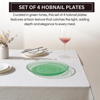 Green Glass Hobnail Dinner Plates Set of 4 – Vintage Textured Charger Plates for Dining Table