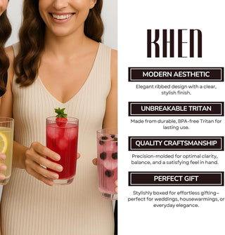 Khen Clear Ribbed Acrylic Drinking Glasses Set of 4 – Unbreakable 12oz Tritan Tumblers for Everyday Use