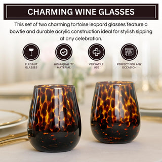 Leopard Print Amber Stemless Wine Glass Set of 2 – Trendy Colored Drinkware for Wine Lovers