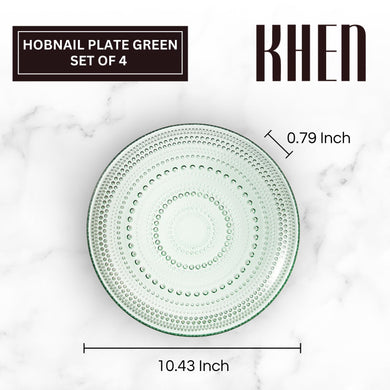 Green Glass Hobnail Dinner Plates Set of 4 – Vintage Textured Charger Plates for Dining Table