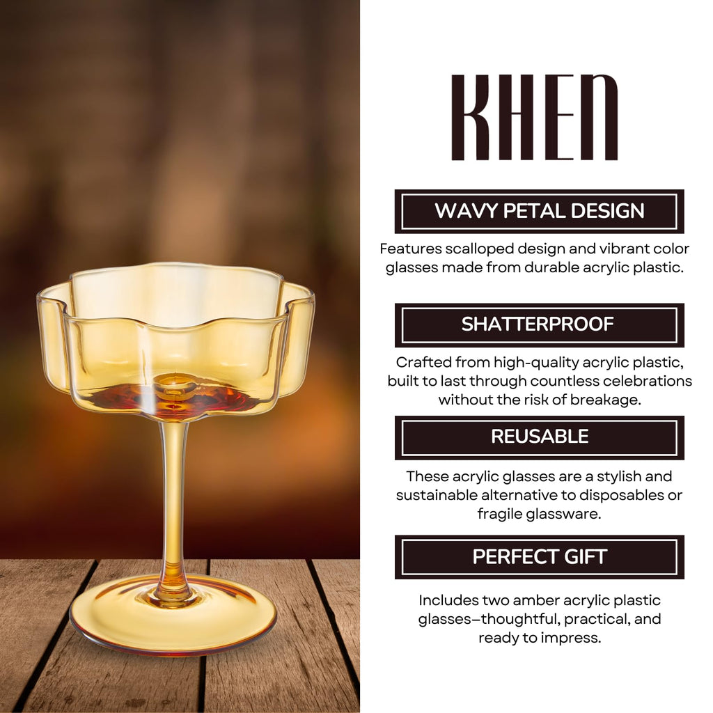Amber Flower Wave Coupe Glasses Set of 2 – Colored Cocktail Glassware for Parties
