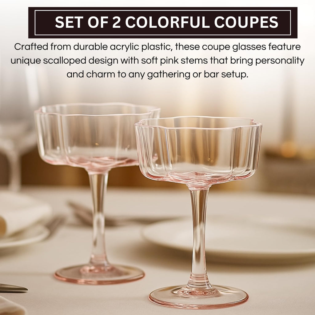 Blush Pink Flower Wave Coupe Cocktail Glasses Set of 4 – Colored Barware for Special Occasions