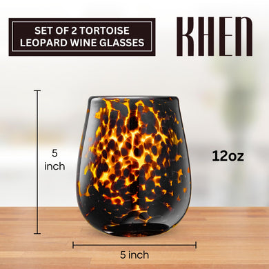 Leopard Print Amber Stemless Wine Glass Set of 2 – Trendy Colored Drinkware for Wine Lovers