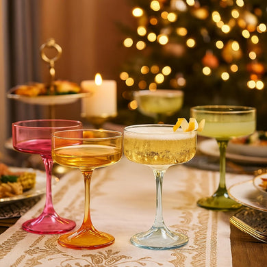 Khen Morgan Champagne Coupes Set of 4 – Vibrant Colored Stemware for Parties & Celebrations