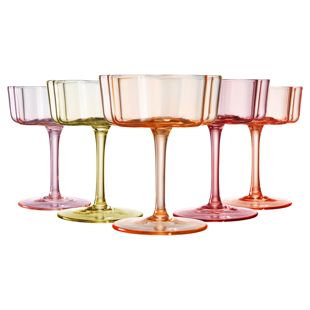 Flower Wave Coupe Cocktail Colored Glasses Set of 5 – Fall Holiday Party Drinkware