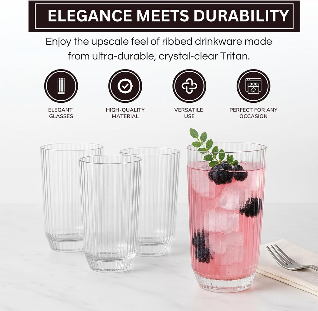 Khen Clear Ribbed Acrylic Drinking Glasses Set of 4 – Unbreakable 12oz Tritan Tumblers for Everyday Use