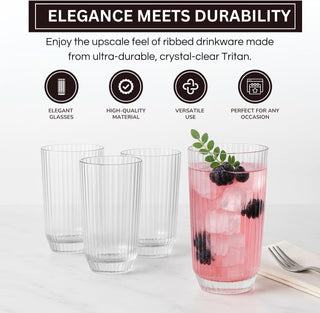 Khen Clear Ribbed Acrylic Drinking Glasses Set of 4 – Unbreakable 12oz Tritan Tumblers for Everyday Use