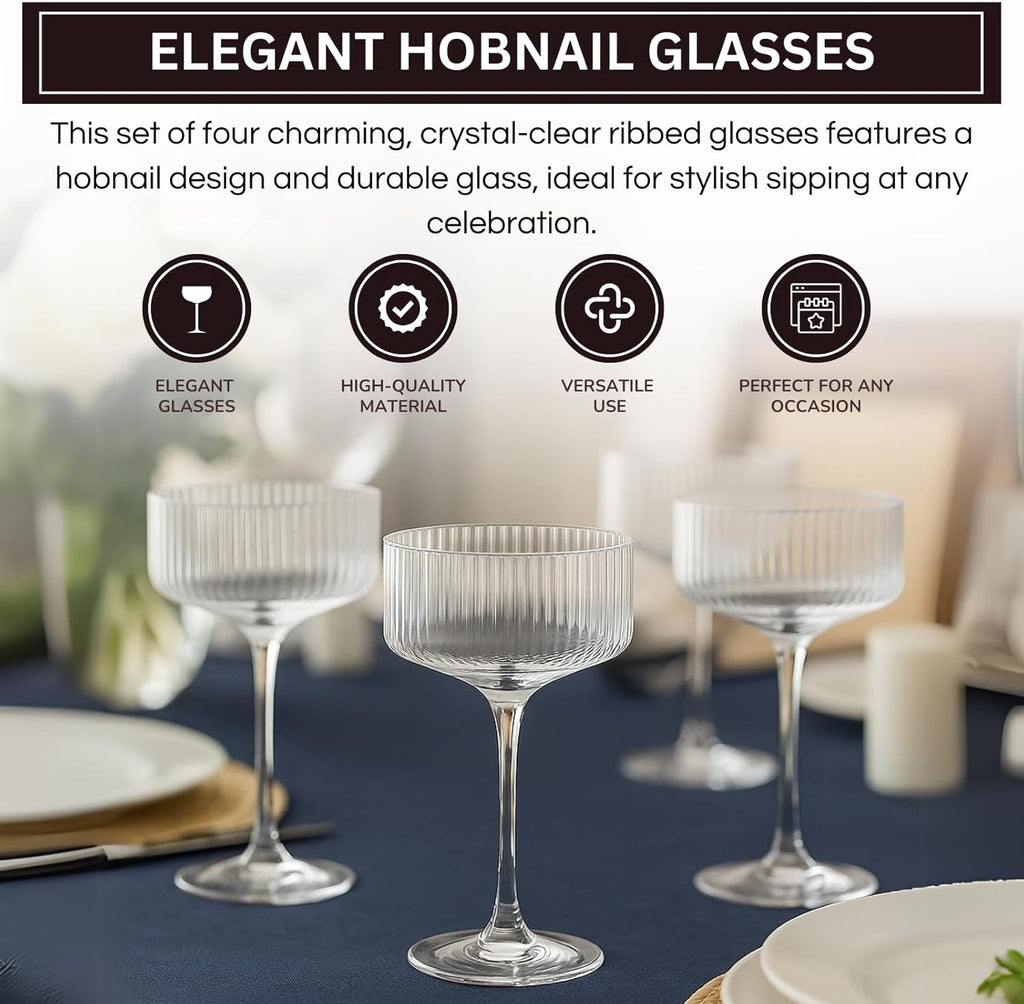 Ribbed Coupe Glasses Set 10oz – Vintage Crystal Bar Drinkware for Martini, Champagne & Cocktails
