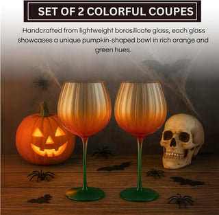 Khen Pumpkin Wine Glasses Set of 2 – Fall Inspired Borosilicate Drinkware in Orange & Green