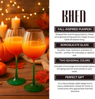 Khen Pumpkin Wine Glasses Set of 2 – Fall Inspired Borosilicate Drinkware in Orange & Green