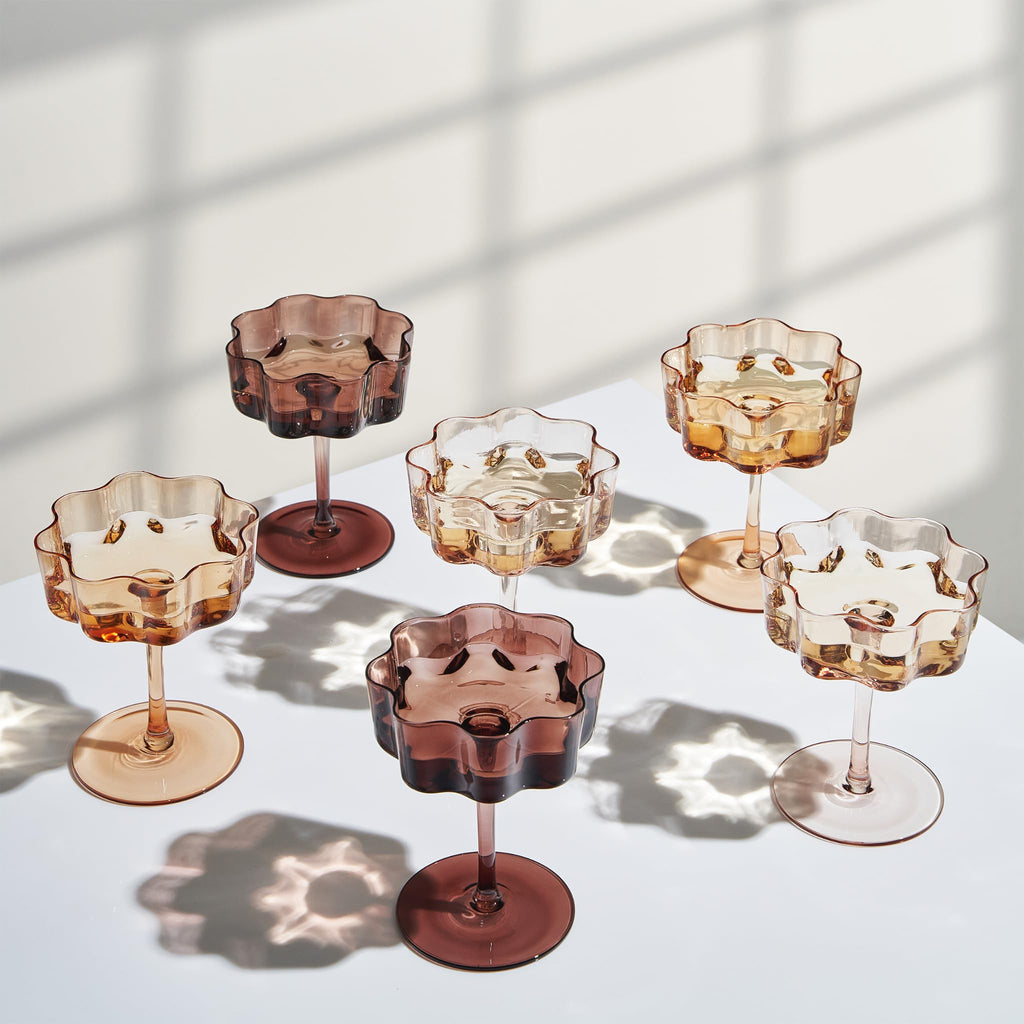 Flower Wave Coupe Cocktail Glasses Set of 6 – Venus Brown Colored Drinkware for Home Entertaining