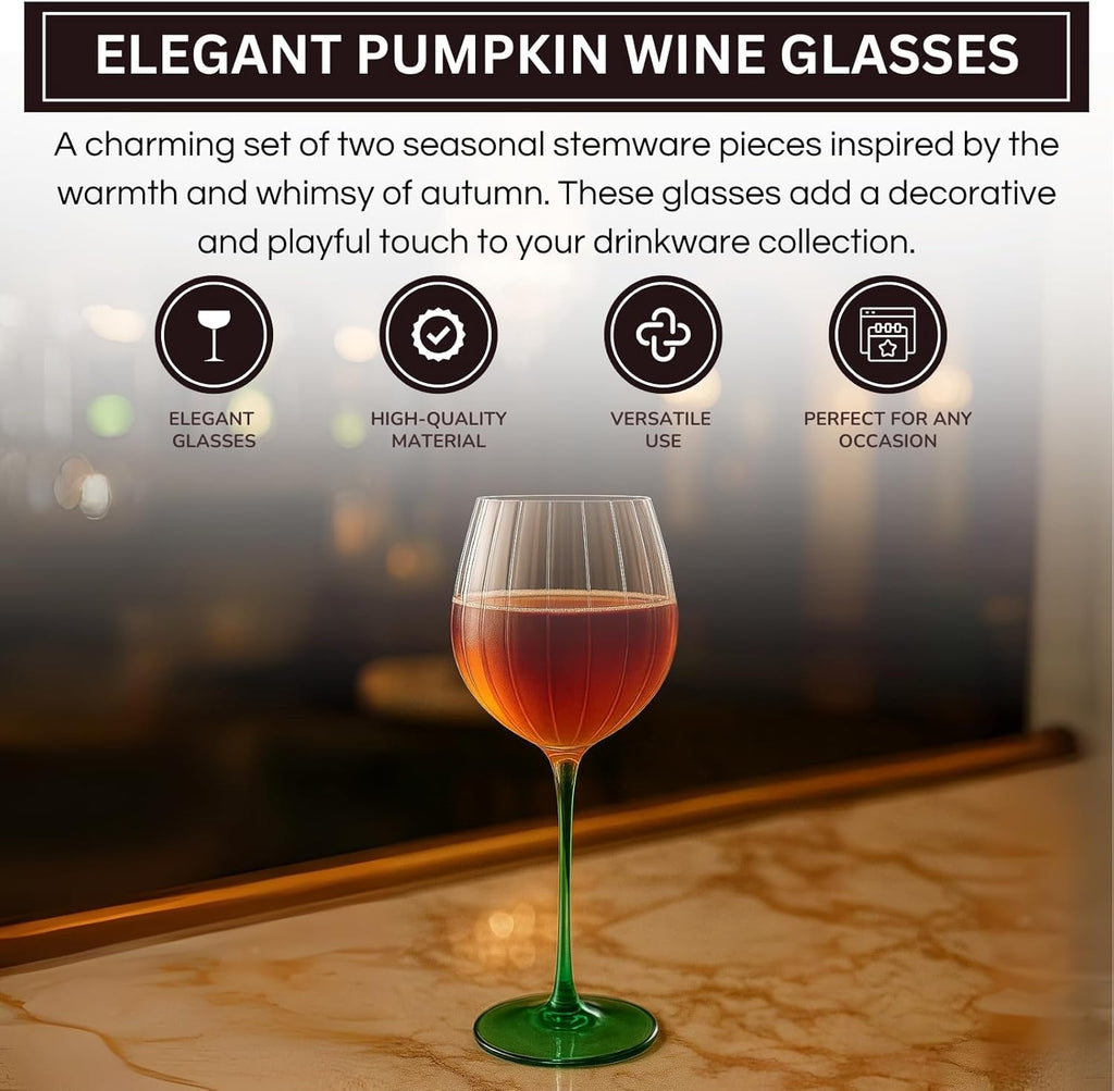 Khen Pumpkin Wine Glasses Set of 2 – Fall Inspired Borosilicate Drinkware in Orange & Green