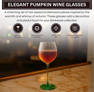 Khen Pumpkin Wine Glasses Set of 2 – Fall Inspired Borosilicate Drinkware in Orange & Green