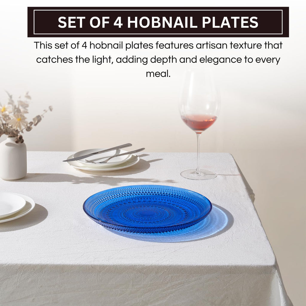 Dark Blue Glass Hobnail Dinner Plates Set of 4 – Elegant Textured Charger Plates for Dining Table