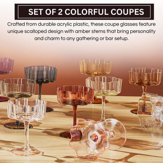 Amber Flower Wave Coupe Glasses Set of 2 – Colored Cocktail Glassware for Parties