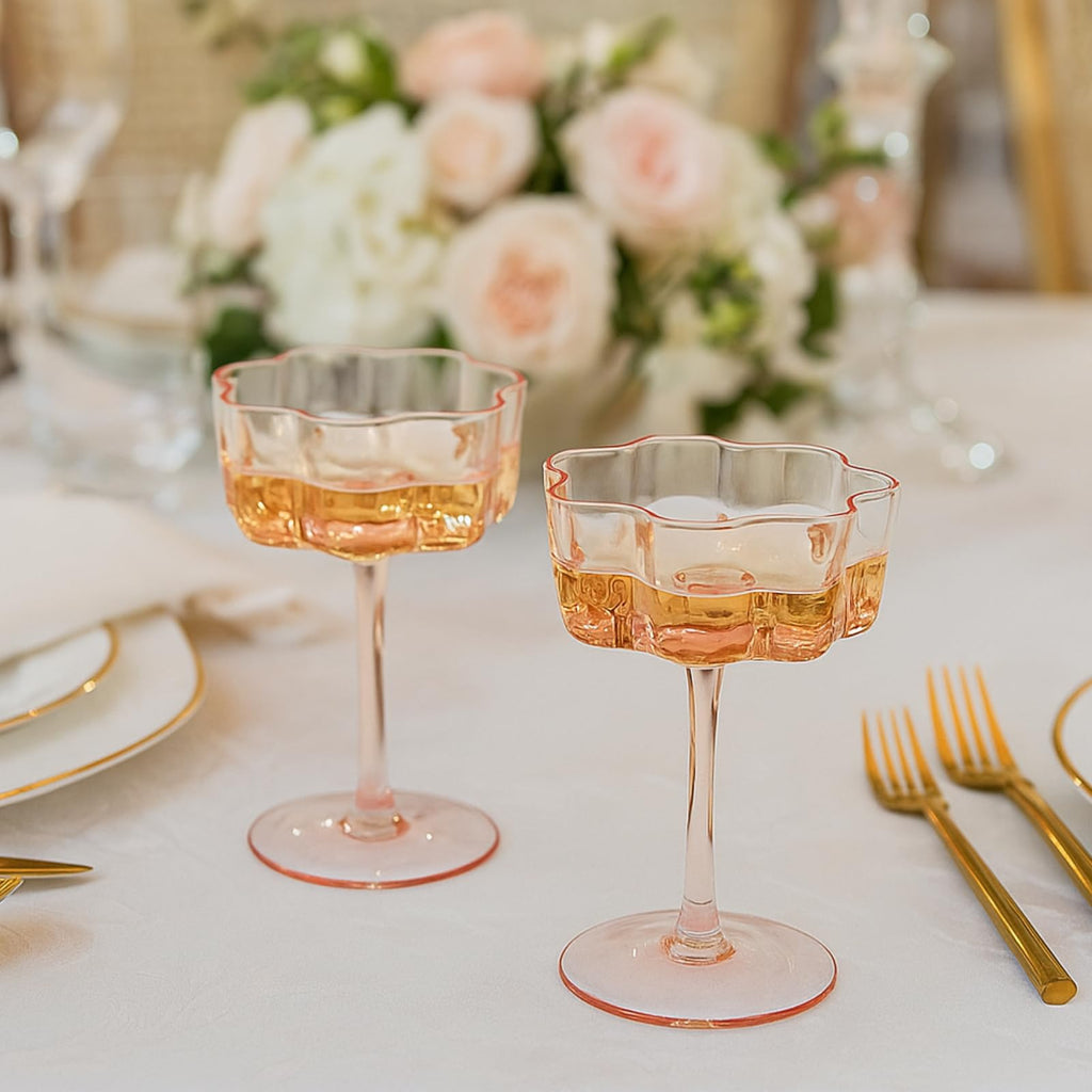Blush Pink Flower Wave Coupe Cocktail Glasses Set of 4 – Colored Barware for Special Occasions
