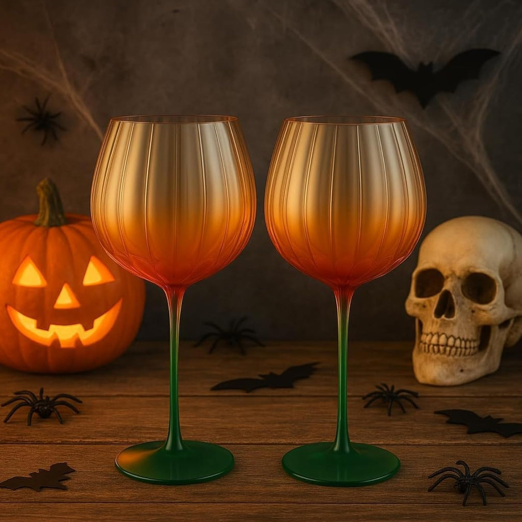 Khen Pumpkin Wine Glasses Set of 2 – Fall Inspired Borosilicate Drinkware in Orange & Green