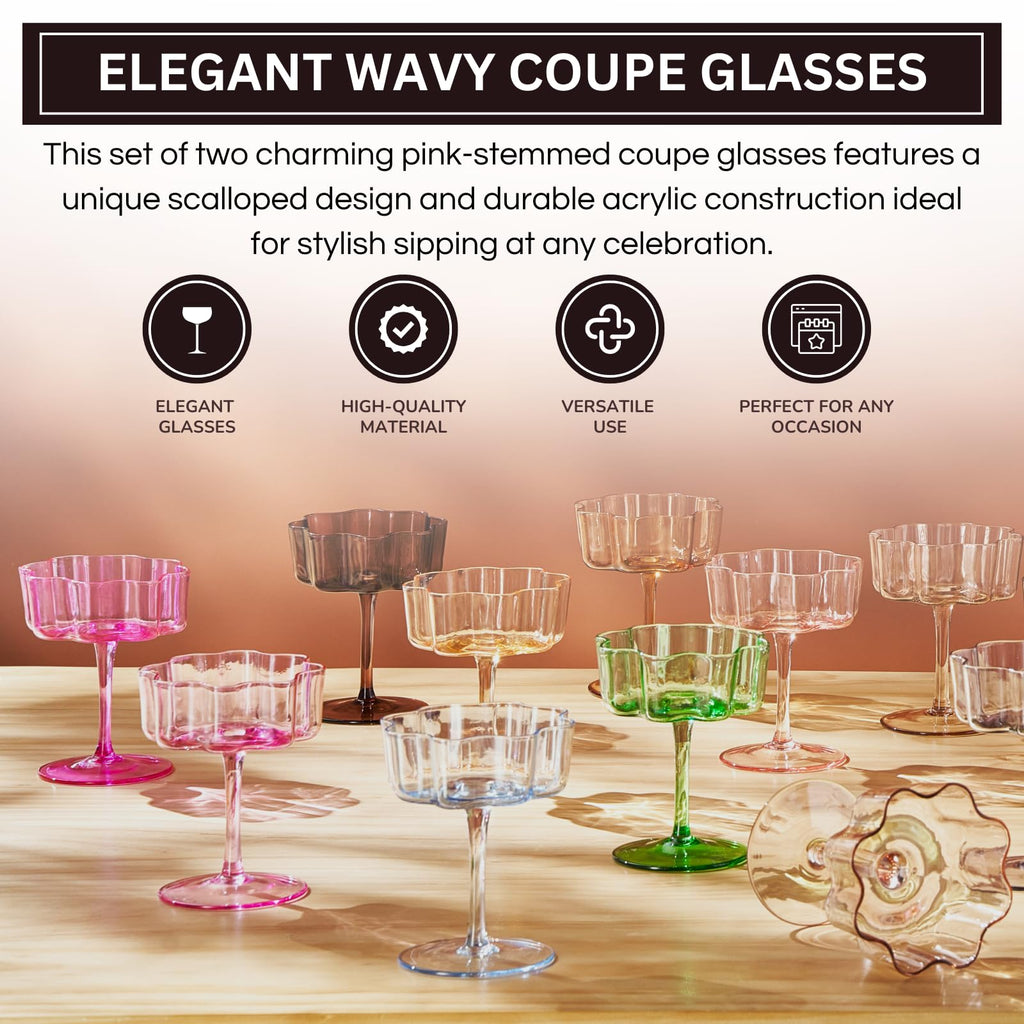 Blush Pink Flower Wave Coupe Cocktail Glasses Set of 4 – Colored Barware for Special Occasions