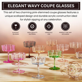 Blush Pink Flower Wave Coupe Cocktail Glasses Set of 4 – Colored Barware for Special Occasions