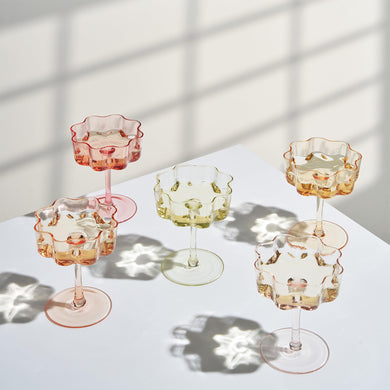 Flower Wave Coupe Cocktail Colored Glasses Set of 5 – Fall Holiday Party Drinkware