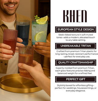 Khen Shatterproof Acrylic Ribbed Drinking Glasses Set of 4 – BPA-Free Tall Reusable Drinkware 12oz