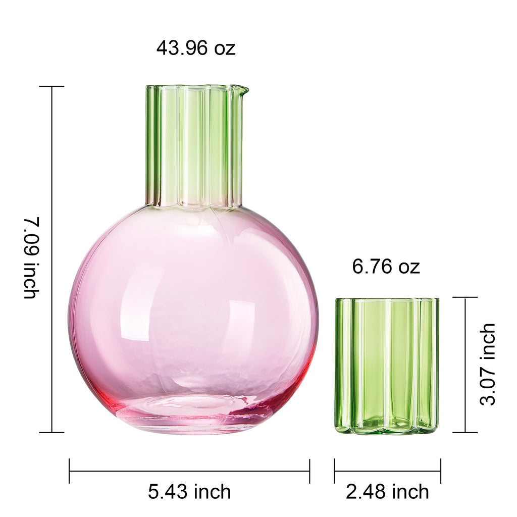 Colorful Carafe & Ribbed Flower Cup Set 44oz – Elegant Glass Pitcher & Drinking Glasses for Home Bar