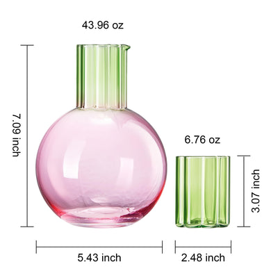 Colorful Carafe & Ribbed Flower Cup Set 44oz – Elegant Glass Pitcher & Drinking Glasses for Home Bar