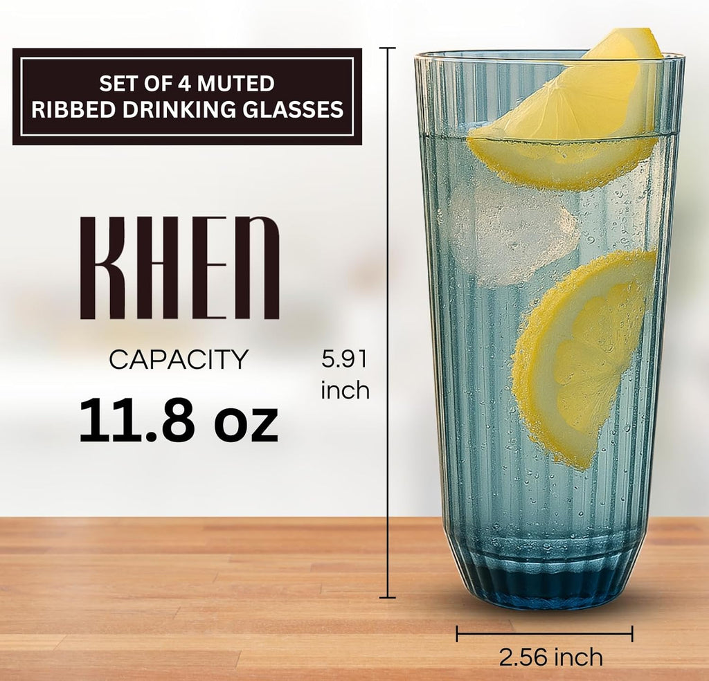 Khen Shatterproof Acrylic Ribbed Drinking Glasses Set of 4 – BPA-Free Tall Reusable Drinkware 12oz