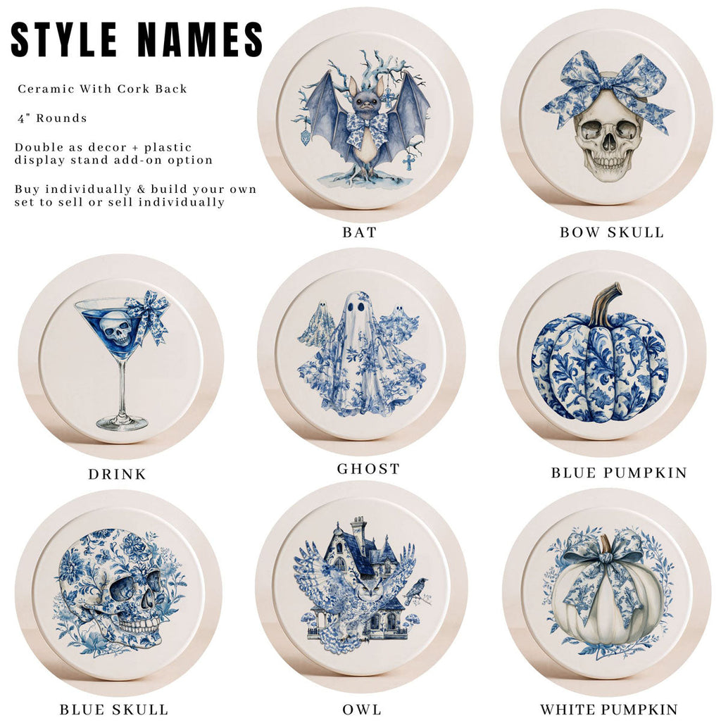 Blue & White Chinoiserie Halloween Coasters – Set of 8 Designs