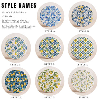 Mediterranean Lemon Ceramic Coasters – Blue Tile & Citrus Designs (4