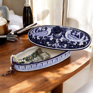 JEWERLY BOX: Authentic Deruta Keepsake Oval Box with Murano Knob - DERUTA FONDO BLU design