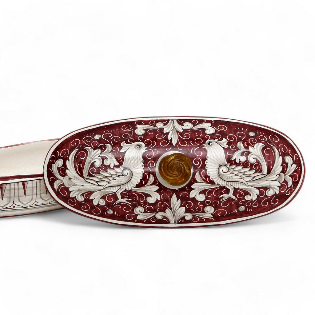 JEWERLY BOX: Authentic Deruta Keepsake Oval Box with Murano Knob - DERUTA FONDO ROSSO design