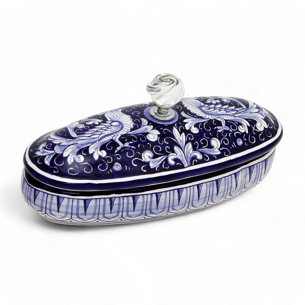 JEWERLY BOX: Authentic Deruta Keepsake Oval Box with Murano Knob - DERUTA FONDO BLU design