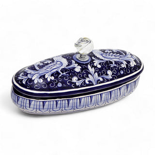 JEWERLY BOX: Authentic Deruta Keepsake Oval Box with Murano Knob - DERUTA FONDO BLU design